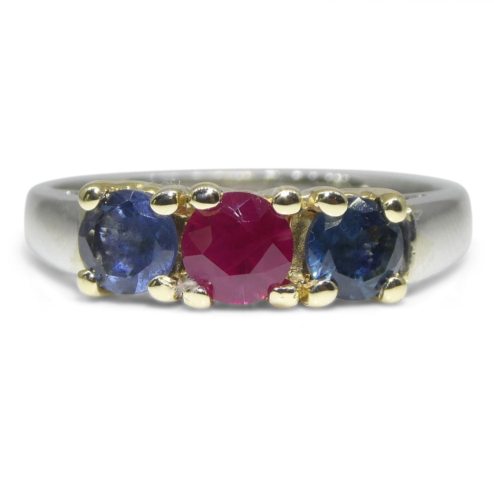 0.37ct Round Red Ruby, Blue Spinel Three Stone Engagement Ring set in 14k White and Yellow Gold - Skyjems Wholesale Gemstones