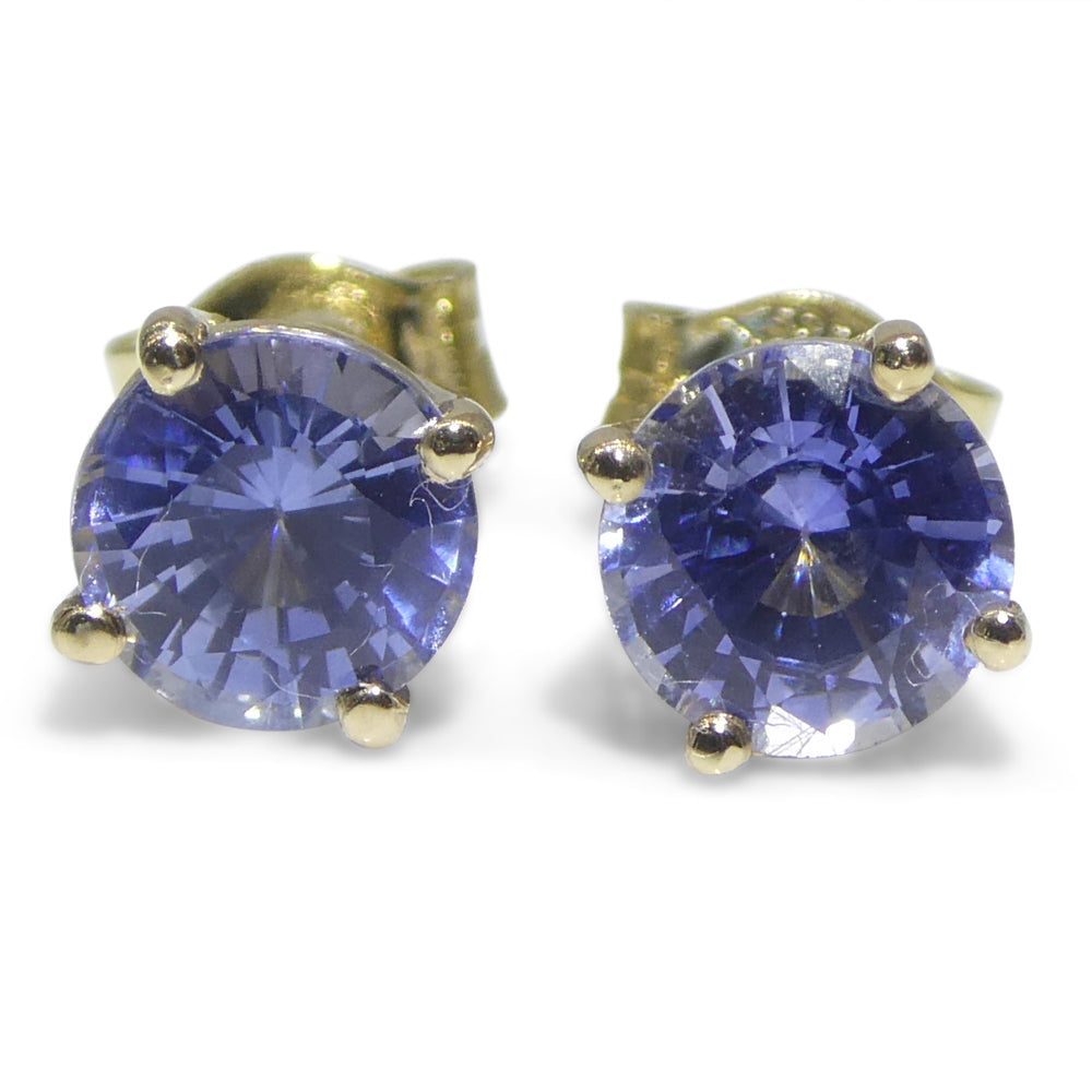 1.08ct Pair Round Blue Sapphire Stud Earrings set in 14k Yellow Gold - Skyjems Wholesale Gemstones