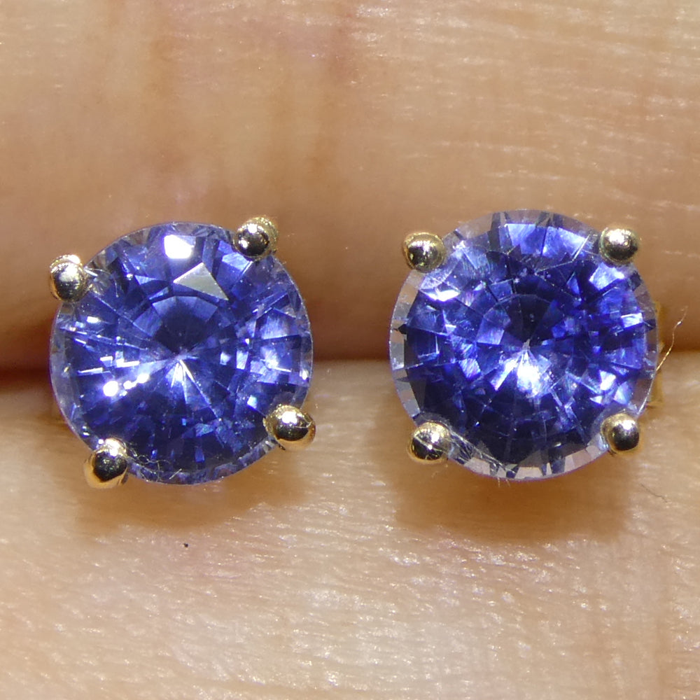 1.08ct Pair Round Blue Sapphire Stud Earrings set in 14k Yellow Gold - Skyjems Wholesale Gemstones