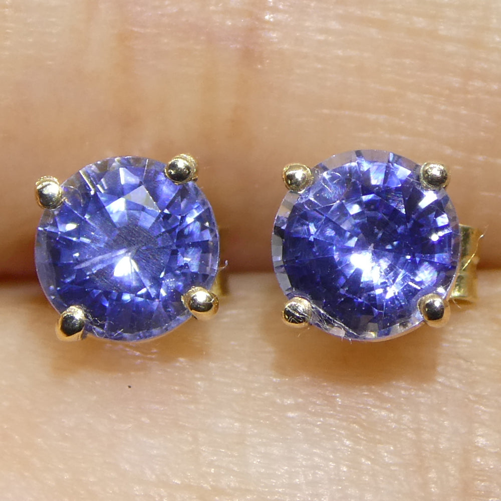 1.08ct Pair Round Blue Sapphire Stud Earrings set in 14k Yellow Gold - Skyjems Wholesale Gemstones