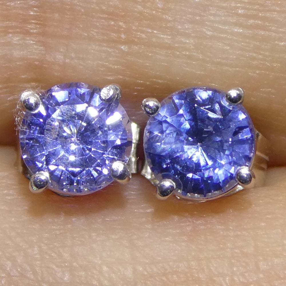 1.01ct Pair Round Blue Sapphire Stud Earrings set in 14k White Gold - Skyjems Wholesale Gemstones