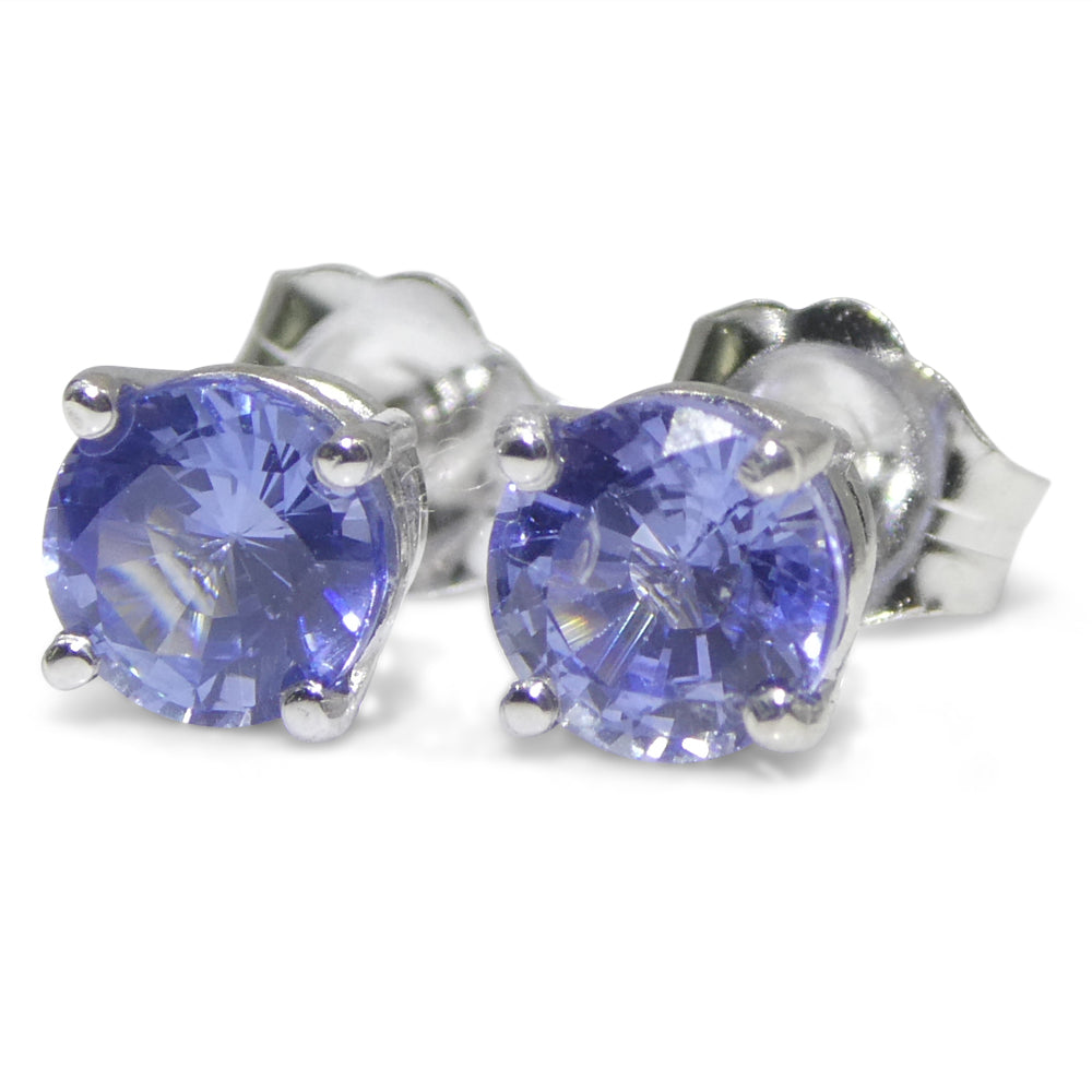 1.01ct Pair Round Blue Sapphire Stud Earrings set in 14k White Gold - Skyjems Wholesale Gemstones