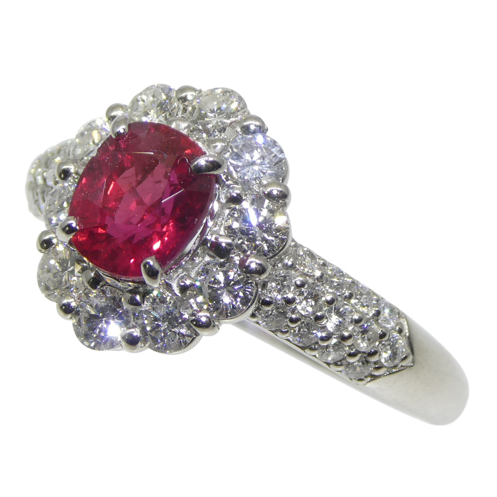 1.11ct Cushion Red Ruby, Diamond Halo Engagement Ring set in Platinum