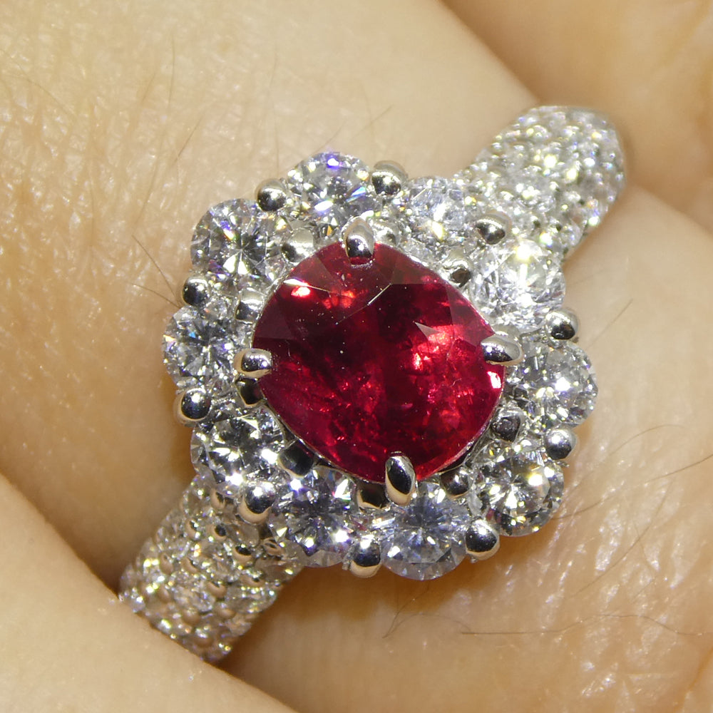 1.11ct Cushion Red Ruby, Diamond Halo Engagement Ring set in Platinum