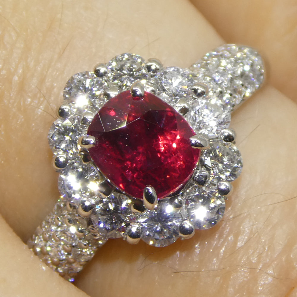 1.11ct Cushion Red Ruby, Diamond Halo Engagement Ring set in Platinum