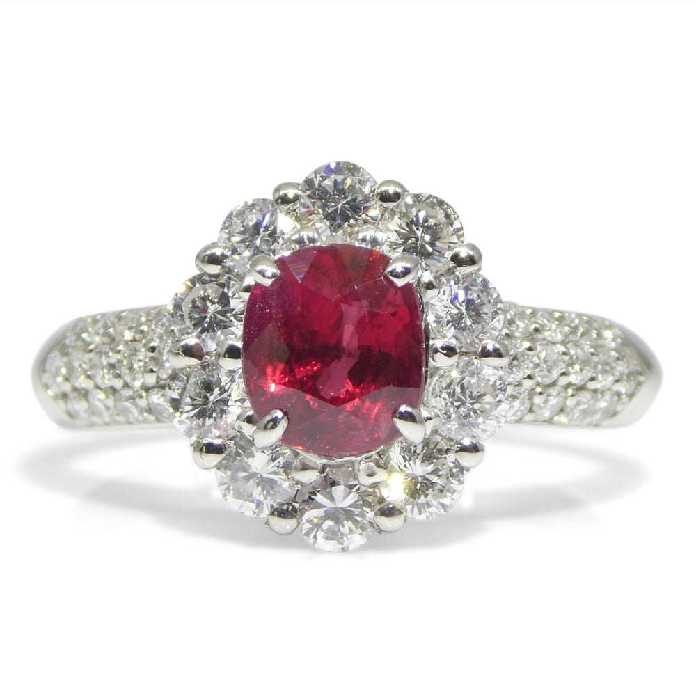 1.11ct Cushion Red Ruby, Diamond Halo Engagement Ring set in Platinum