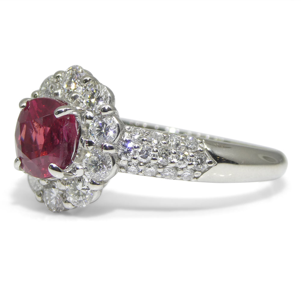 1.11ct Cushion Red Ruby, Diamond Halo Engagement Ring set in Platinum