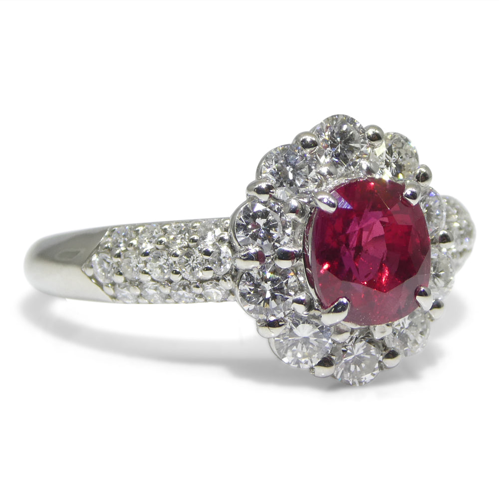 1.11ct Cushion Red Ruby, Diamond Halo Engagement Ring set in Platinum