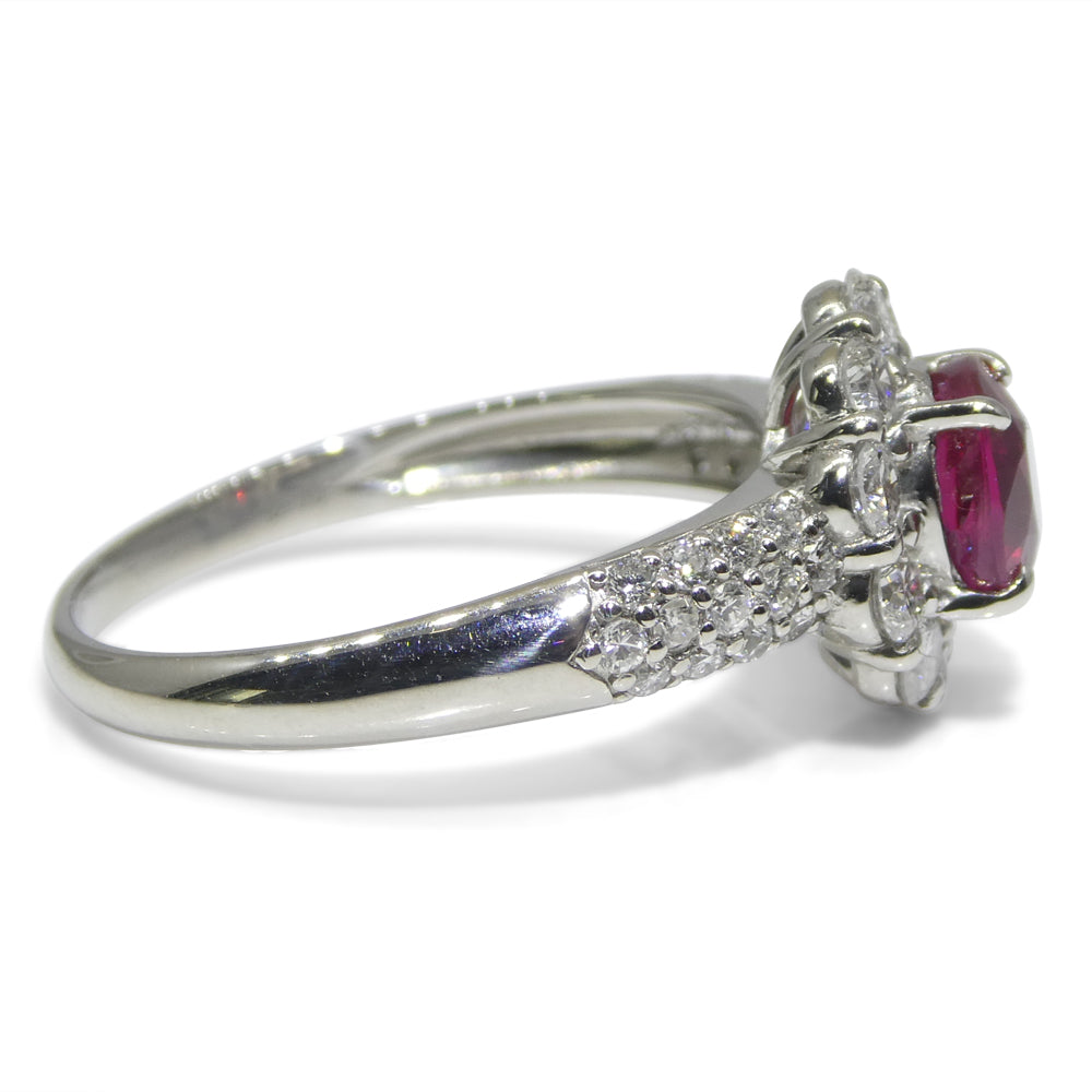 1.11ct Cushion Red Ruby, Diamond Halo Engagement Ring set in Platinum
