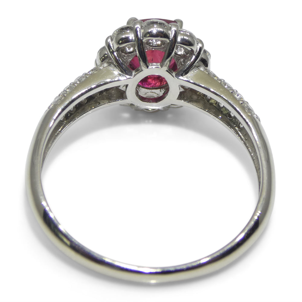 1.11ct Cushion Red Ruby, Diamond Halo Engagement Ring set in Platinum
