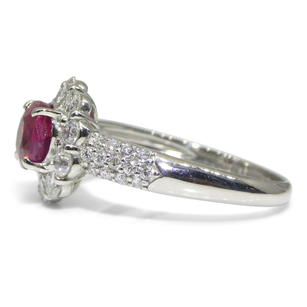 1.11ct Cushion Red Ruby, Diamond Halo Engagement Ring set in Platinum