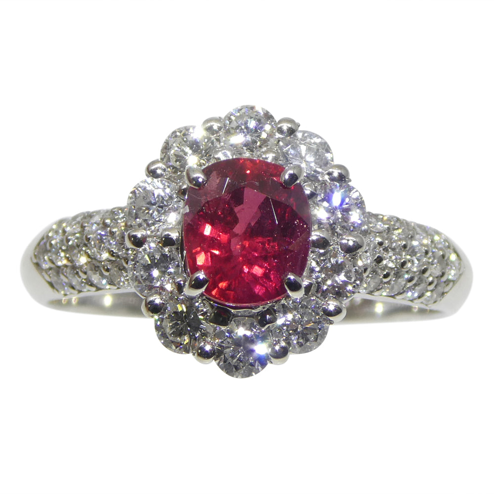 1.11ct Cushion Red Ruby, Diamond Halo Engagement Ring set in Platinum - Skyjems Wholesale Gemstones