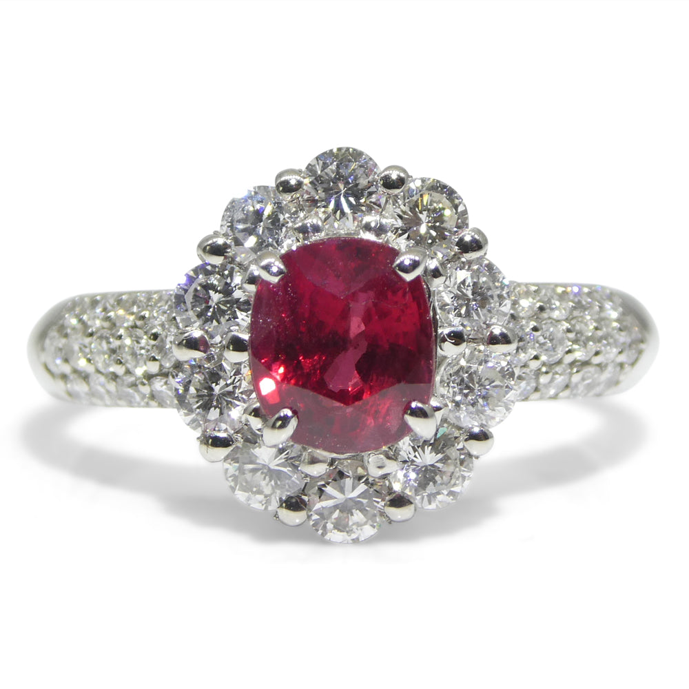 1.11ct Cushion Red Ruby, Diamond Halo Engagement Ring set in Platinum