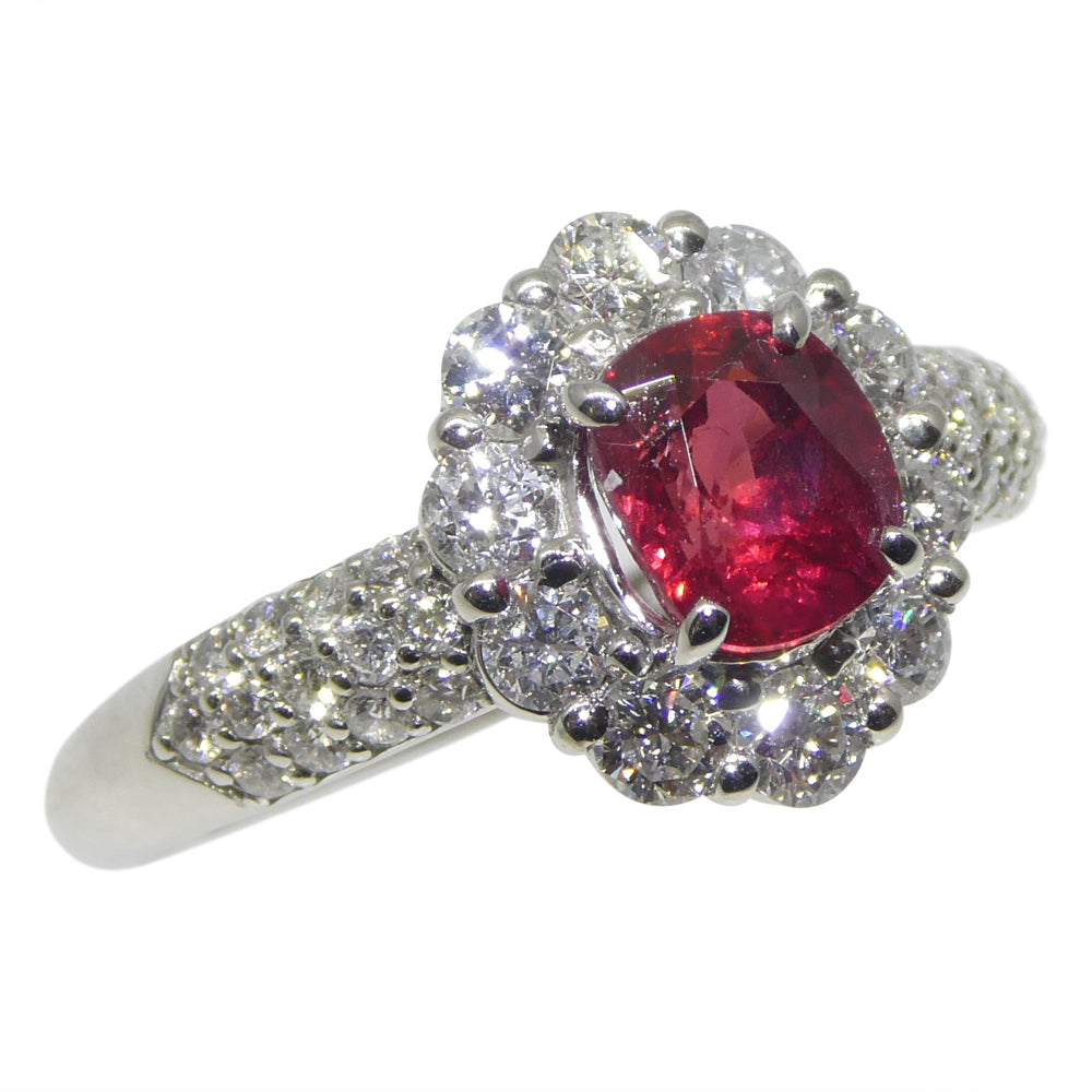 1.11ct Cushion Red Ruby, Diamond Halo Engagement Ring set in Platinum