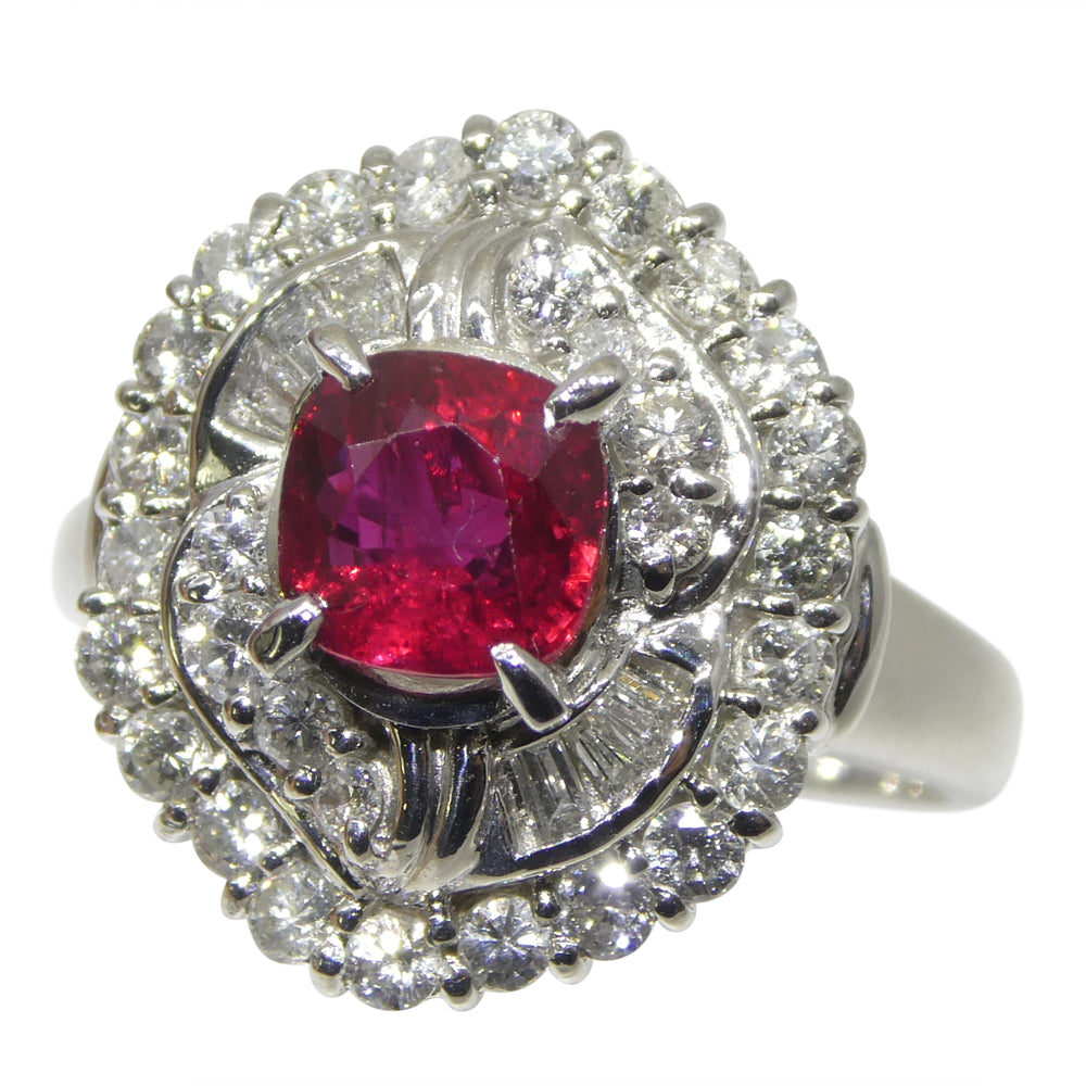 1.04ct Cushion Red Ruby, Diamond Cluster Engagement Ring set in Platinum
