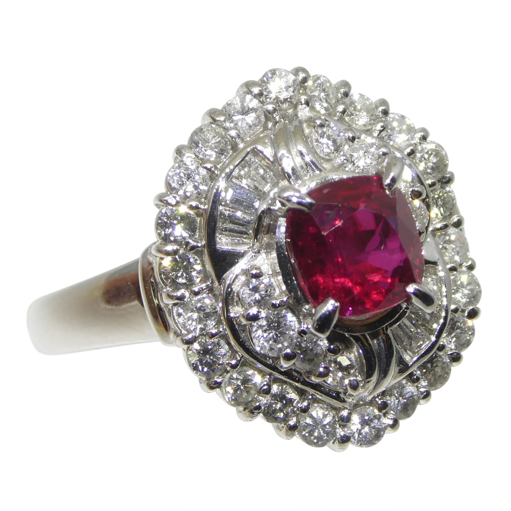 1.04ct Cushion Red Ruby, Diamond Cluster Engagement Ring set in Platinum