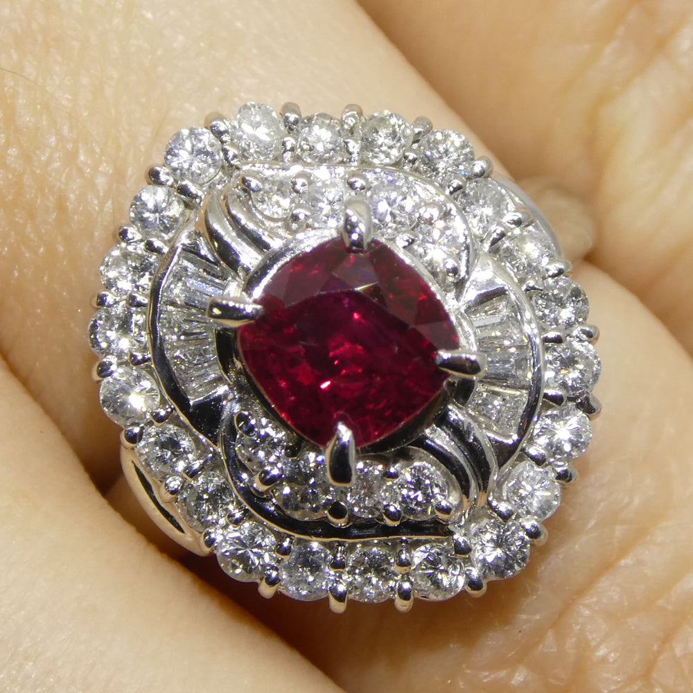 1.04ct Cushion Red Ruby, Diamond Cluster Engagement Ring set in Platinum