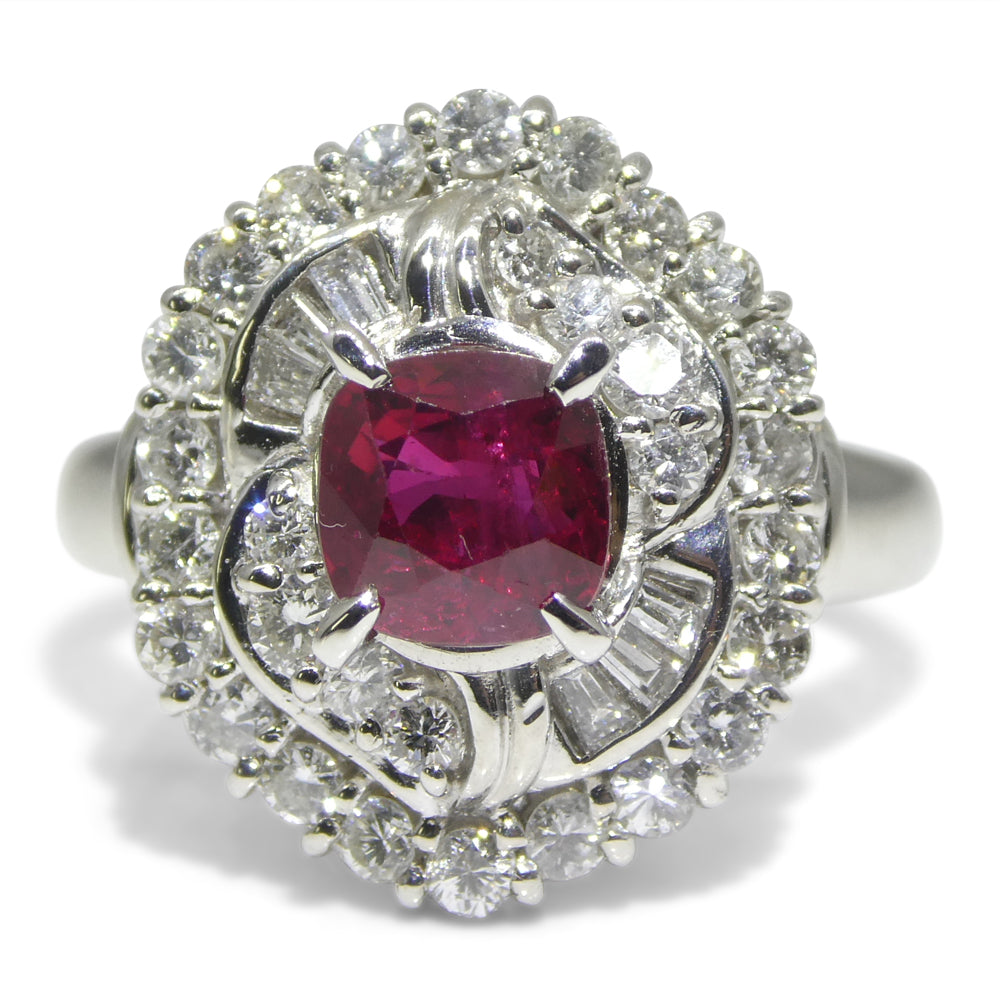 1.04ct Cushion Red Ruby, Diamond Cluster Engagement Ring set in Platinum