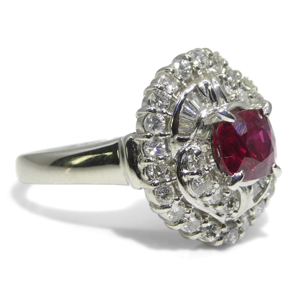 1.04ct Cushion Red Ruby, Diamond Cluster Engagement Ring set in Platinum