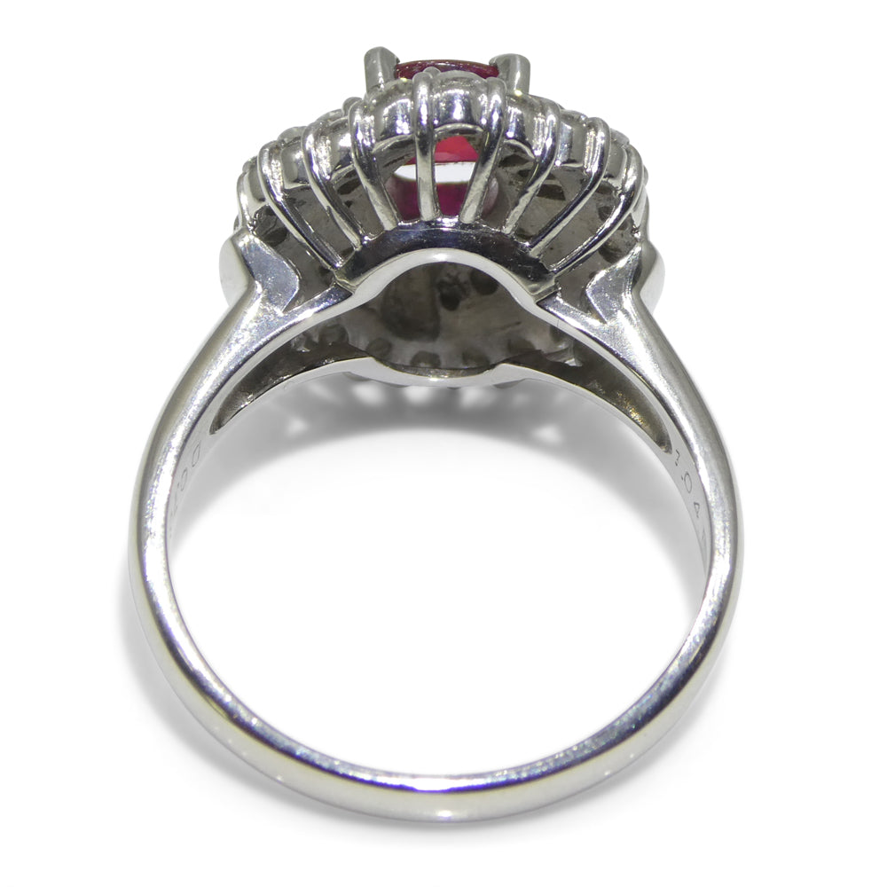 1.04ct Cushion Red Ruby, Diamond Cluster Engagement Ring set in Platinum