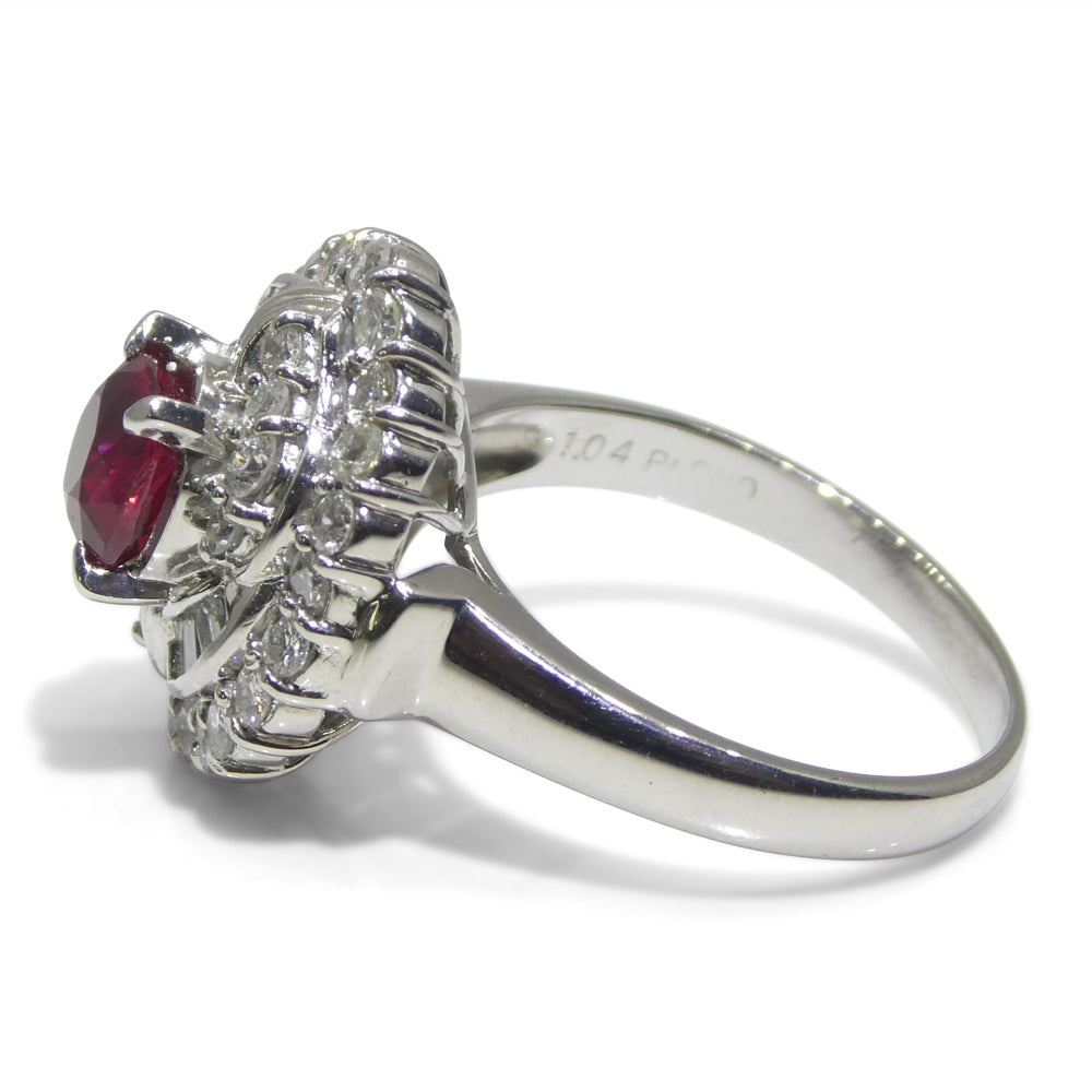 1.04ct Cushion Red Ruby, Diamond Cluster Engagement Ring set in Platinum