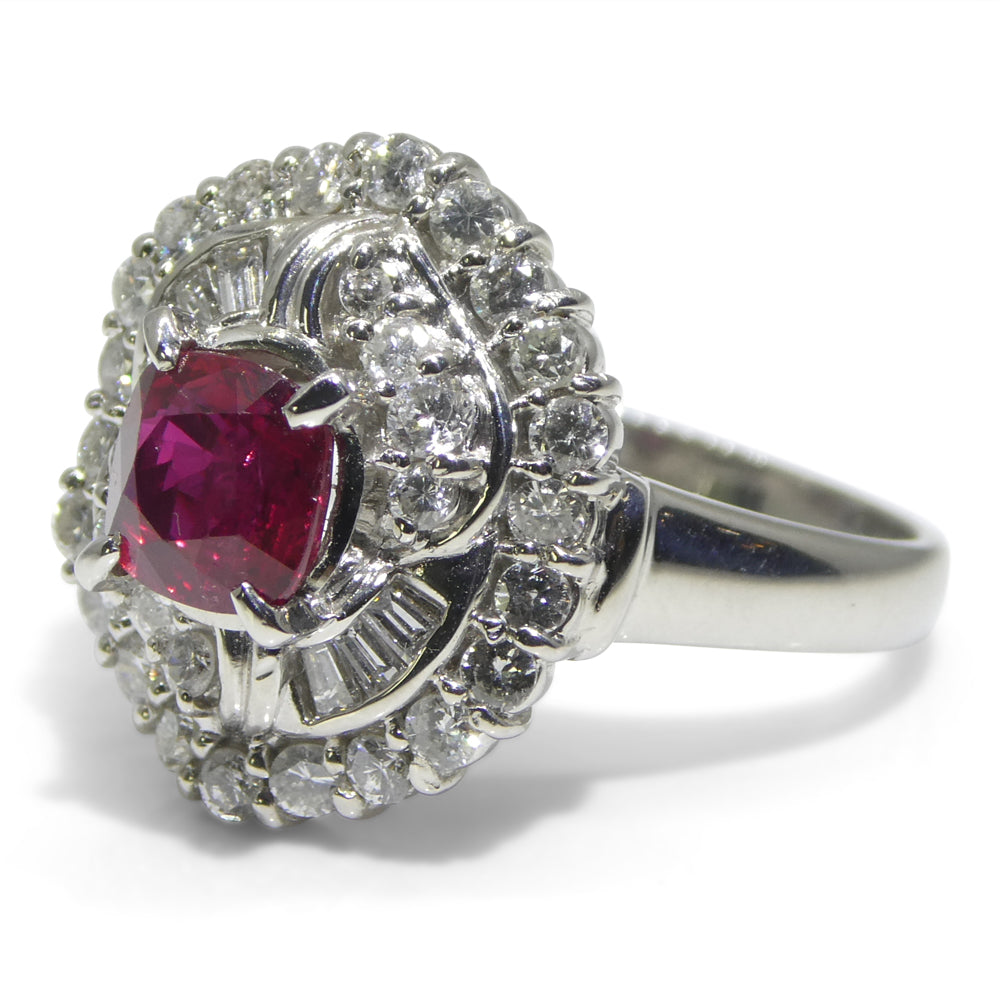 1.04ct Cushion Red Ruby, Diamond Cluster Engagement Ring set in Platinum