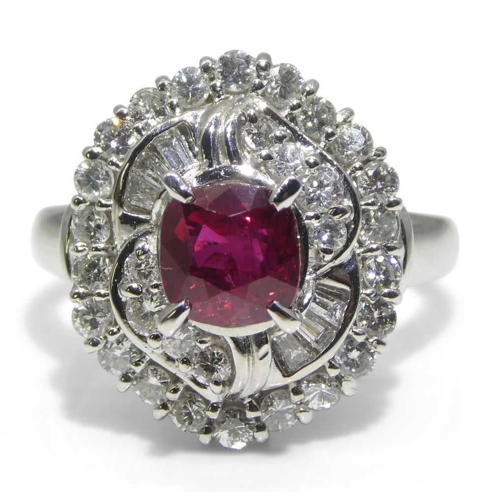 1.04ct Cushion Red Ruby, Diamond Cluster Engagement Ring set in Platinum