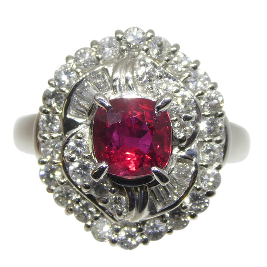 1.04ct Cushion Red Ruby, Diamond Cluster Engagement Ring set in Platinum