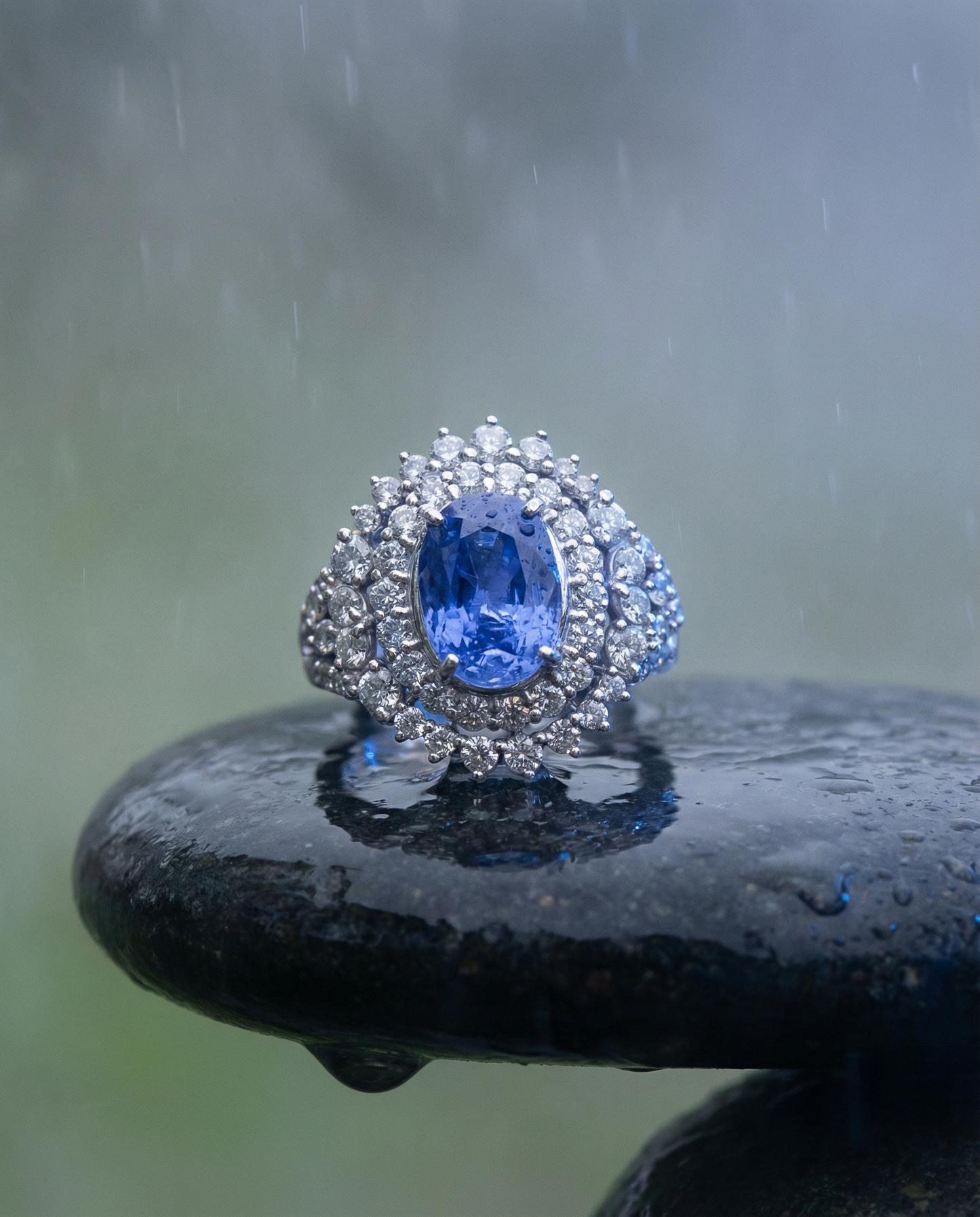 4.39ct Cushion Blue Sapphire, Diamond Halo Engagement Ring set in Platinum, Unheated