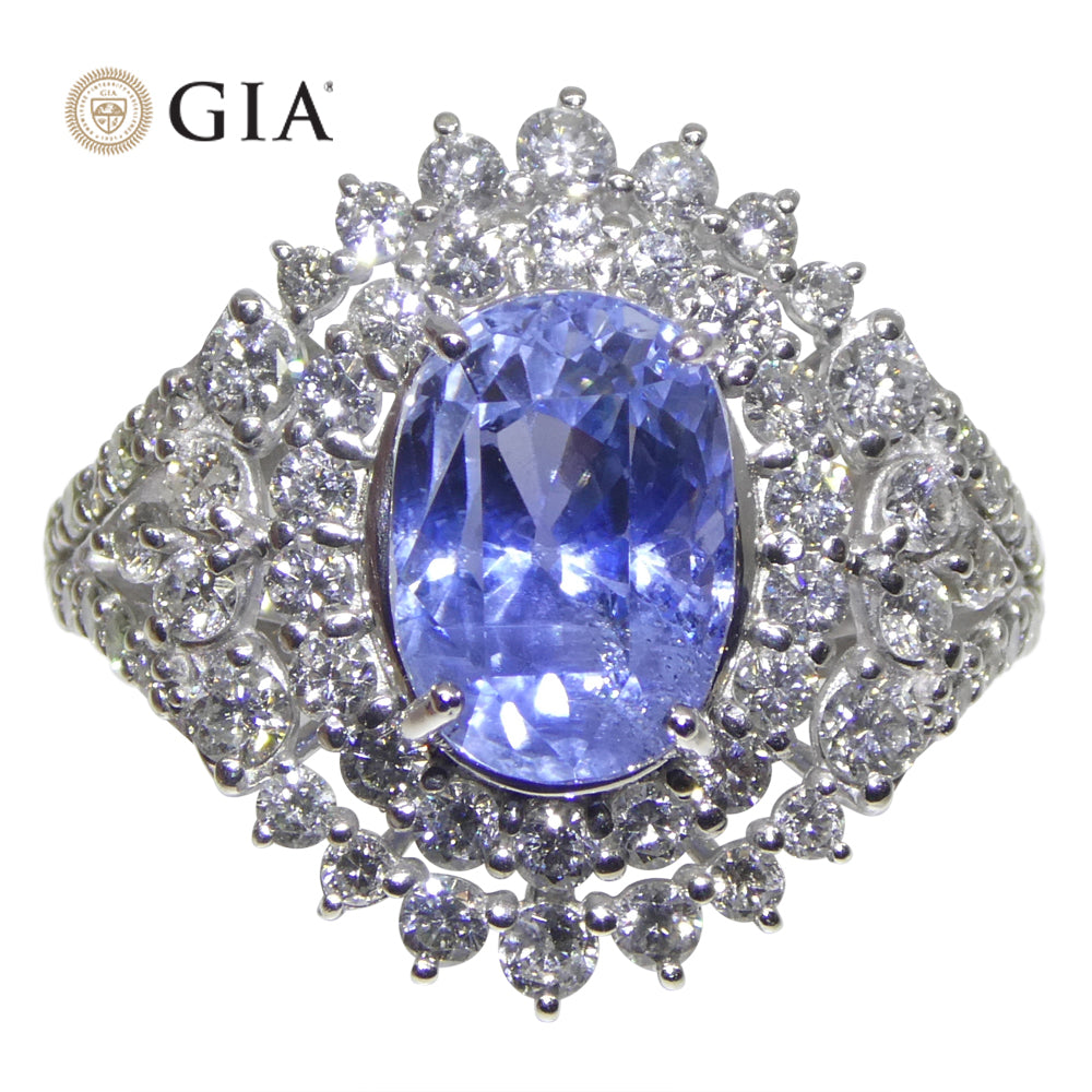 4.39ct Cushion Blue Sapphire, Diamond Halo Engagement Ring set in Platinum, Unheated
