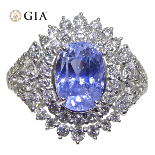 4.39ct Cushion Blue Sapphire, Diamond Halo Engagement Ring set in Platinum, Unheated