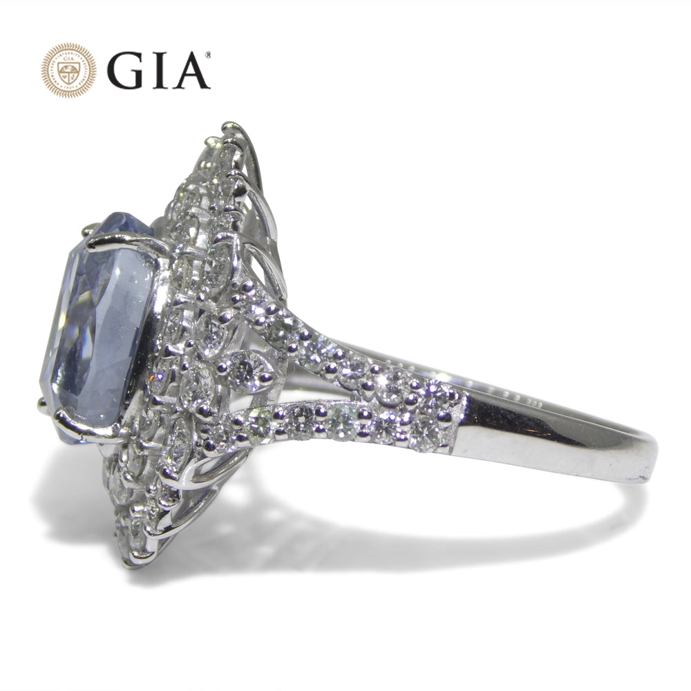 4.39ct Cushion Blue Sapphire, Diamond Halo Engagement Ring set in Platinum, Unheated