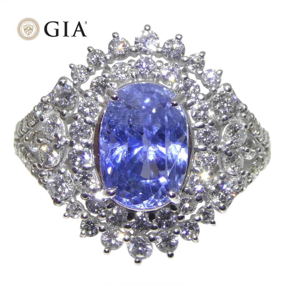 4.39ct Cushion Blue Sapphire, Diamond Halo Engagement Ring set in Platinum, Unheated