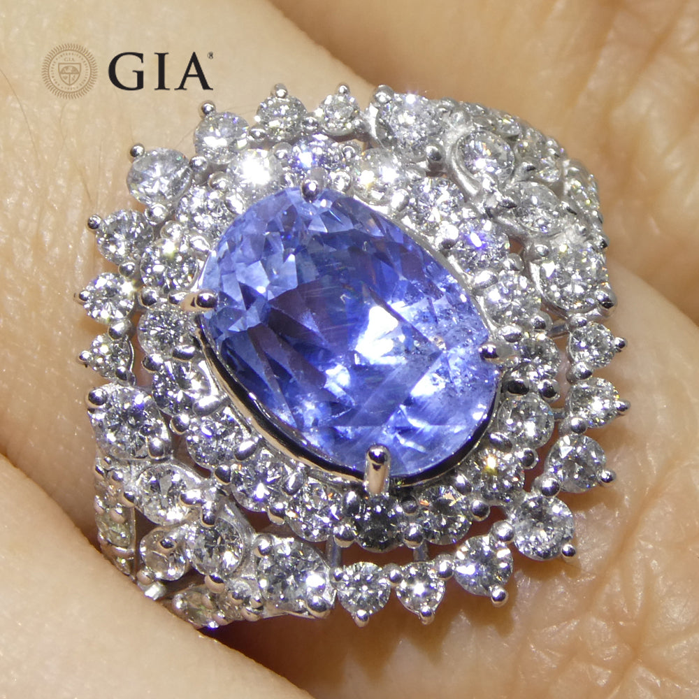 4.39ct Cushion Blue Sapphire, Diamond Halo Engagement Ring set in Platinum, Unheated