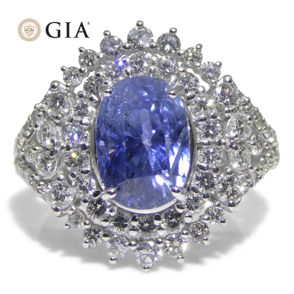 4.39ct Cushion Blue Sapphire, Diamond Halo Engagement Ring set in Platinum, Unheated
