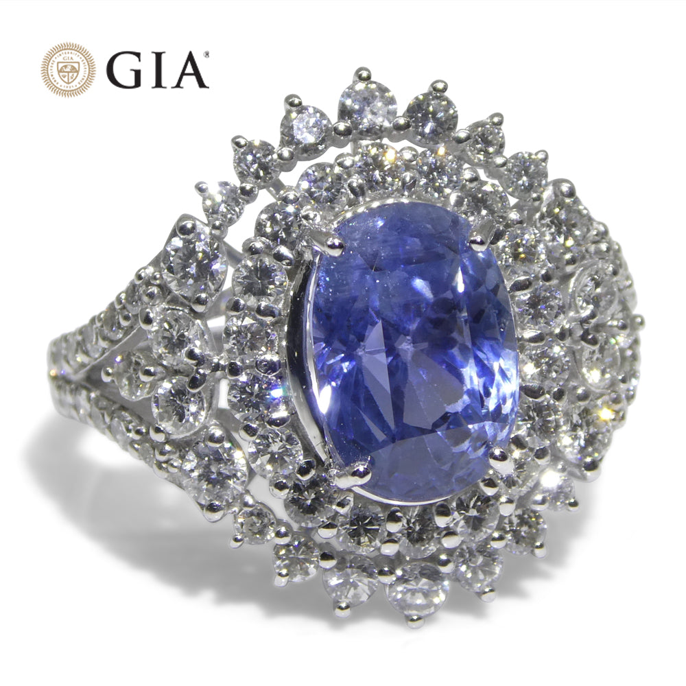 4.39ct Cushion Blue Sapphire, Diamond Halo Engagement Ring set in Platinum, Unheated