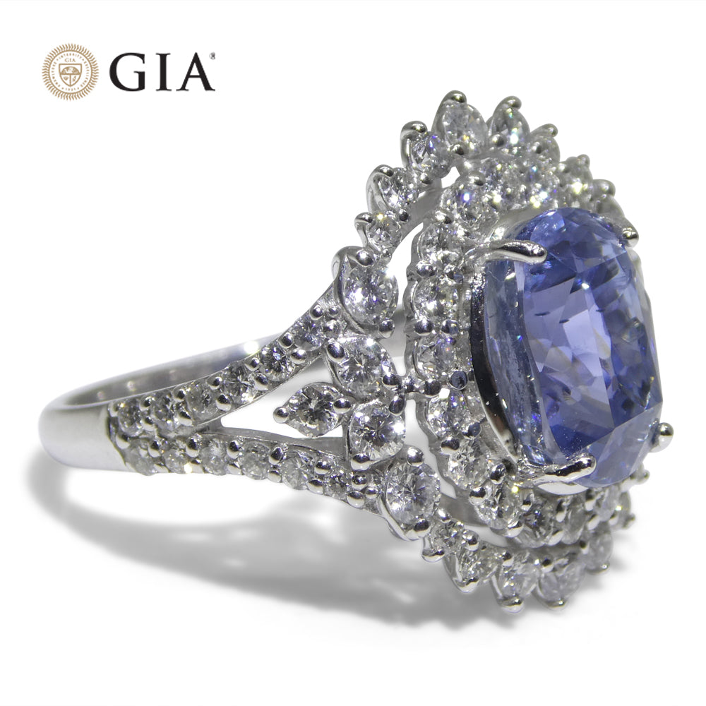 4.39ct Cushion Blue Sapphire, Diamond Halo Engagement Ring set in Platinum, Unheated