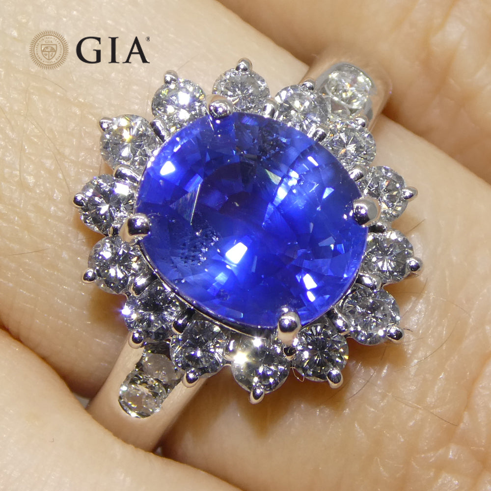 3.87ct Cushion Blue Sapphire, Diamond Engagement Ring set in Platinum, GIA Certified Sri Lanka