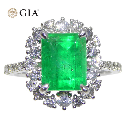 2.74ct Green Emerald, Diamond Engagement Ring set in Platinum, GIA Certified Colombian
