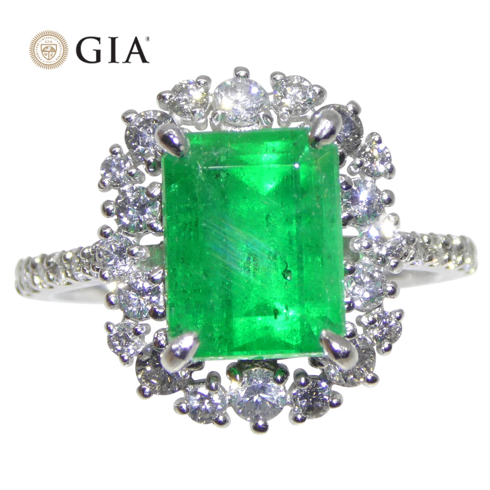 2.74ct Green Emerald, Diamond Engagement Ring set in Platinum, GIA Certified Colombian