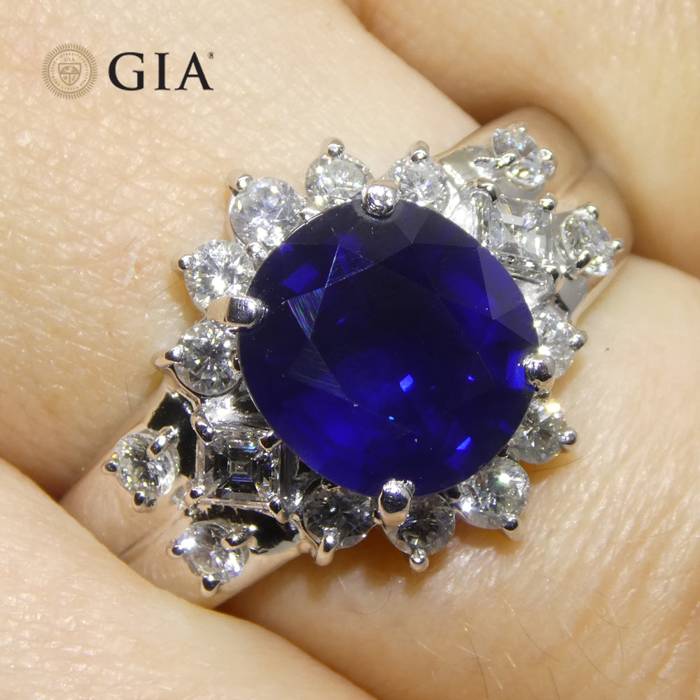 3.23ct Cushion Blue Sapphire, Diamond Engagement Ring set in Platinum, GIA Certified Thailand