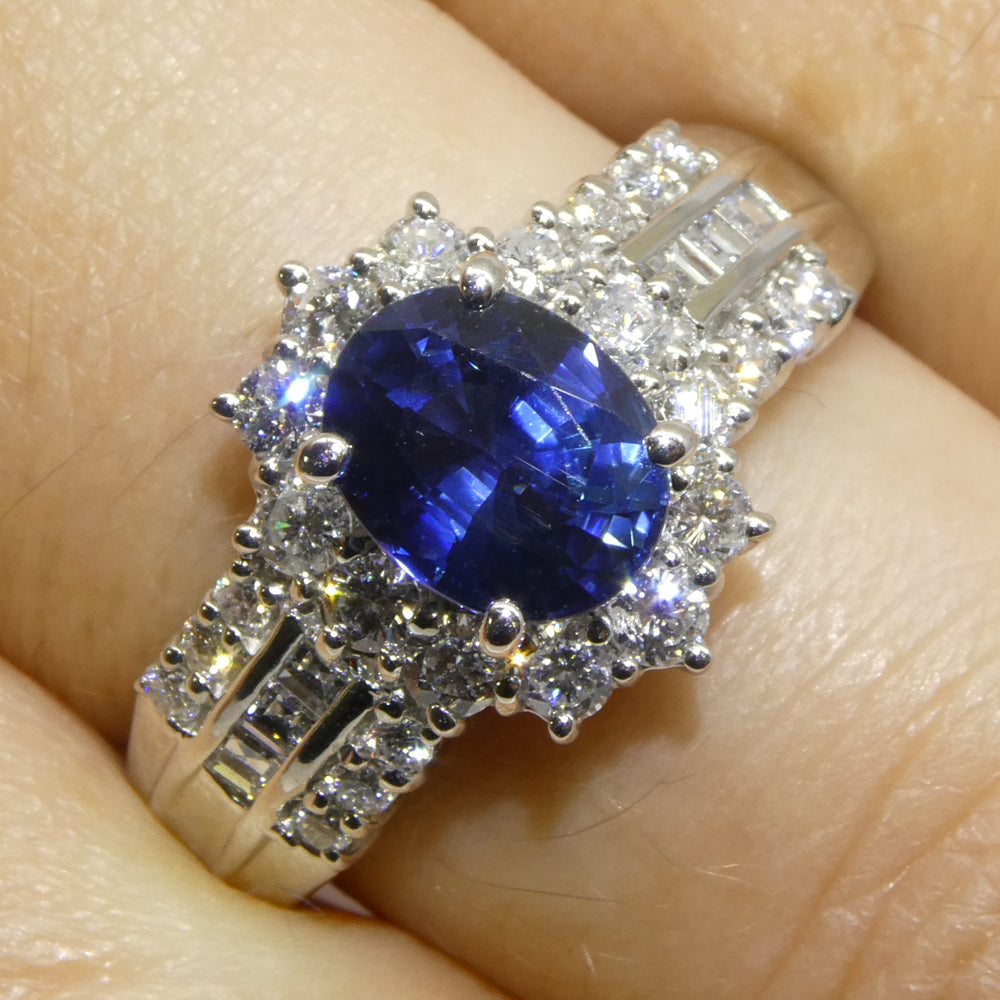 1.80ct Oval Blue Sapphire, Diamond Engagement Ring set in Platinum - Skyjems Wholesale Gemstones