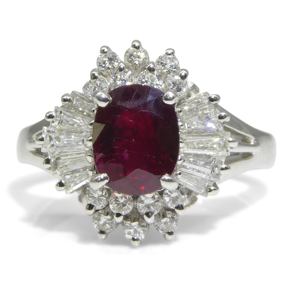 1.18ct Oval Red Ruby, Diamond Cluster Engagement Ring set in Platinum