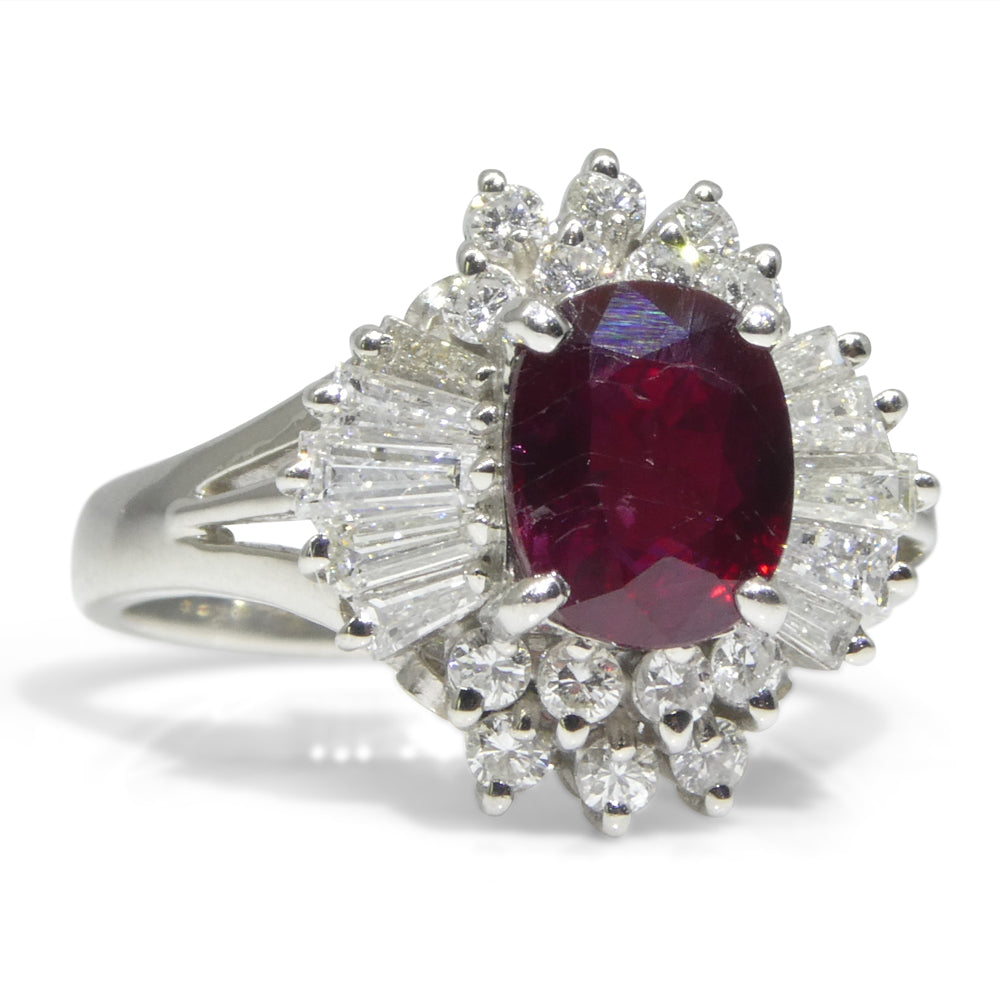 1.18ct Oval Red Ruby, Diamond Cluster Engagement Ring set in Platinum