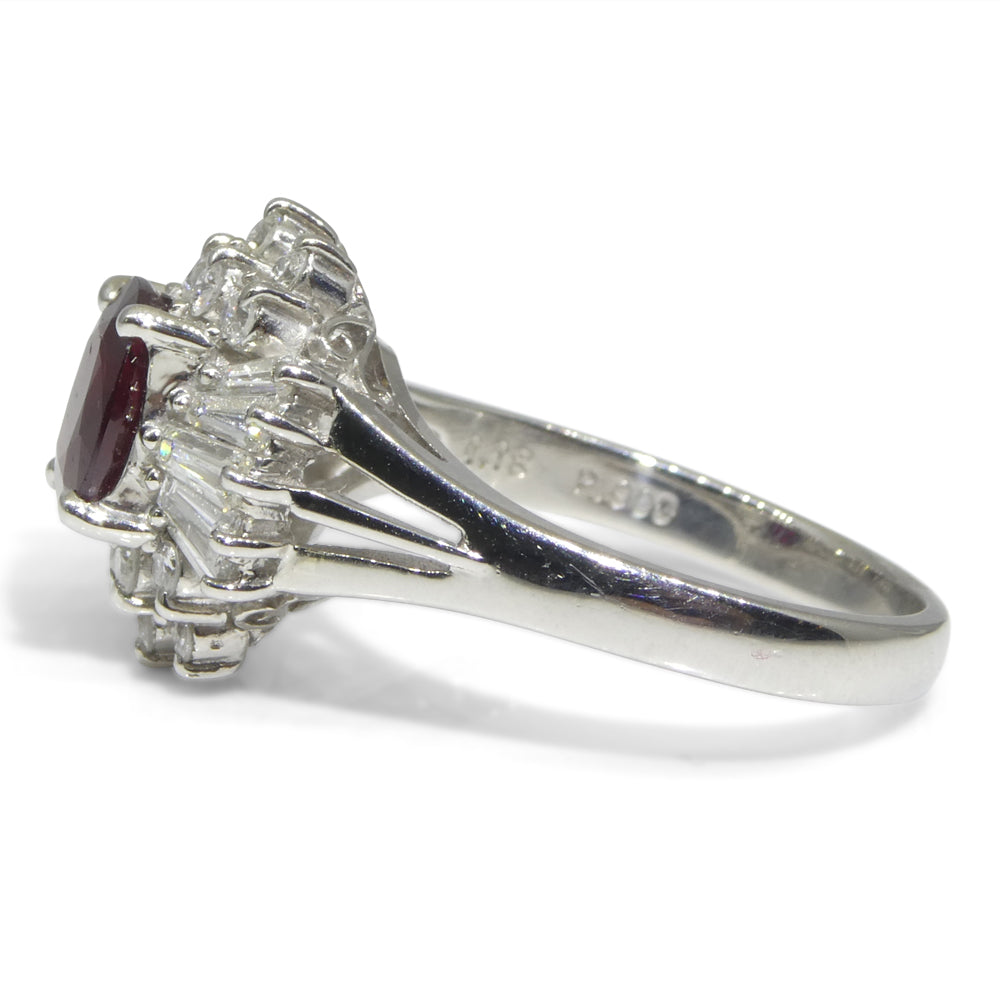 1.18ct Oval Red Ruby, Diamond Cluster Engagement Ring set in Platinum