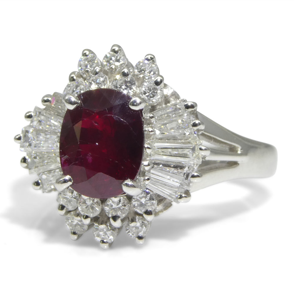 1.18ct Oval Red Ruby, Diamond Cluster Engagement Ring set in Platinum