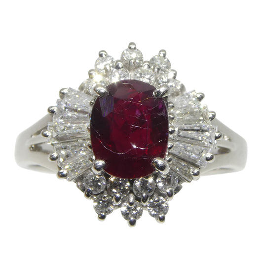 1.18ct Oval Red Ruby, Diamond Cluster Engagement Ring set in Platinum