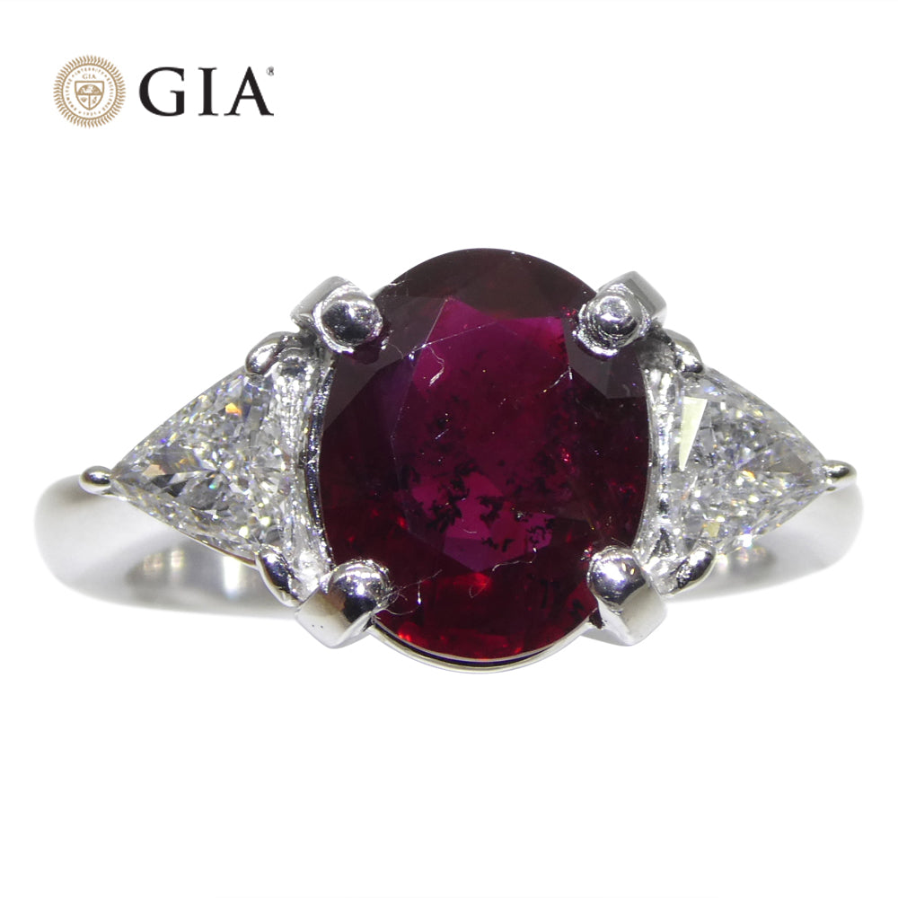 2.18ct Oval Red Ruby, Diamond Three Stone Engagement Ring set in Platinum, GIA Certified Unheated, Madagascar - Skyjems Wholesale Gemstones