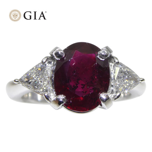 2.18ct Oval Red Ruby, Diamond Three Stone Engagement Ring set in Platinum, GIA Certified Unheated, Madagascar