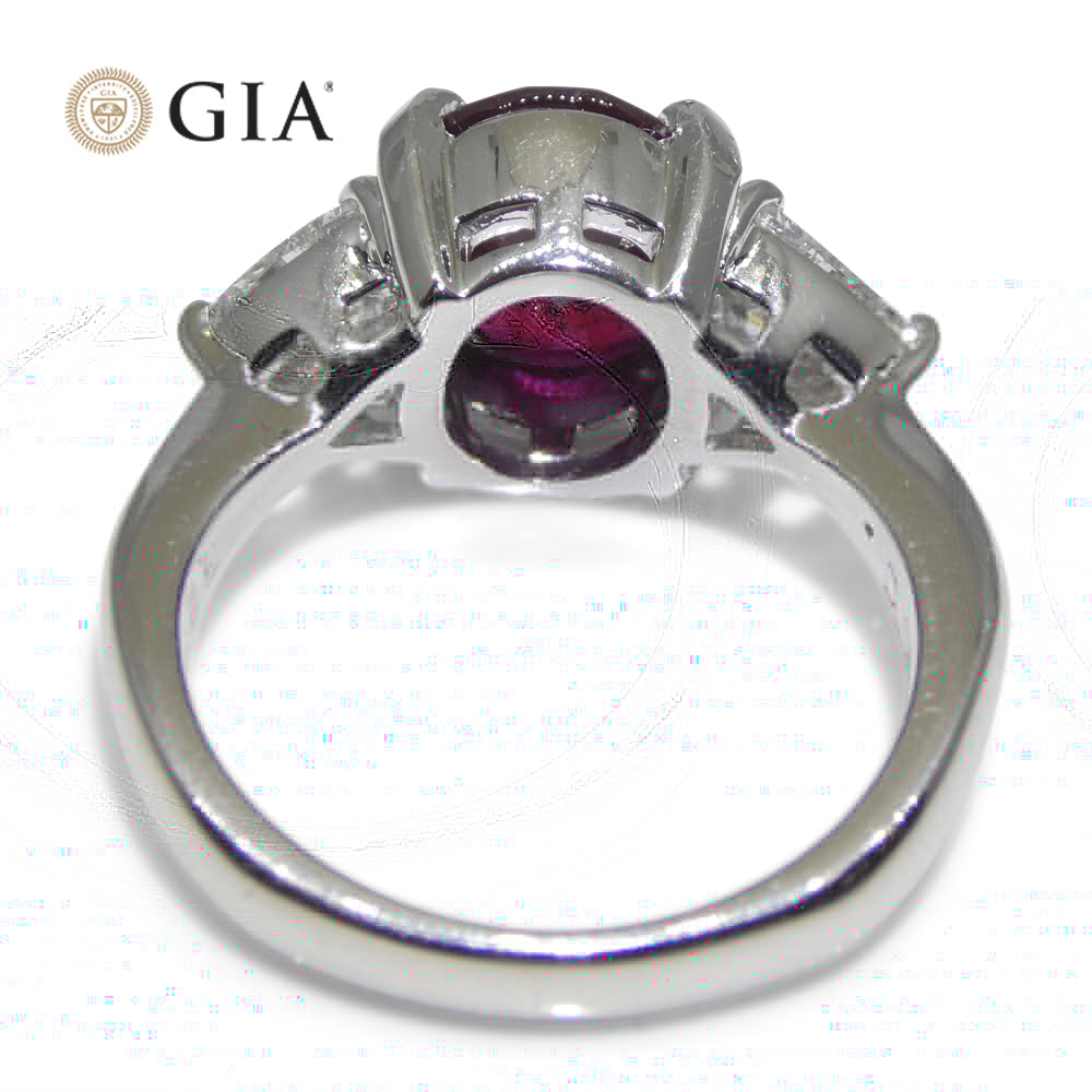 2.18ct Oval Red Ruby, Diamond Three Stone Engagement Ring set in Platinum, GIA Certified Unheated, Madagascar